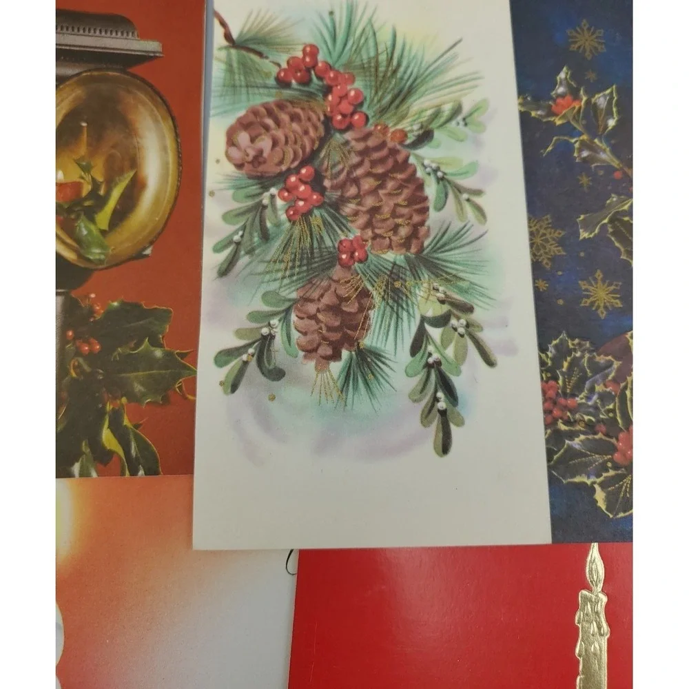 13 Old Vintage Used Greeting Card Fronts Crafts Poinsetta Candle Evergreen Holly